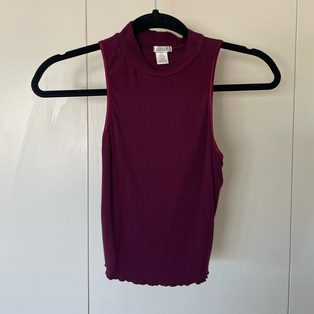 Bozzolo Ribbed Mock Neck Crop Top Sleeveless Plum Burgundy S